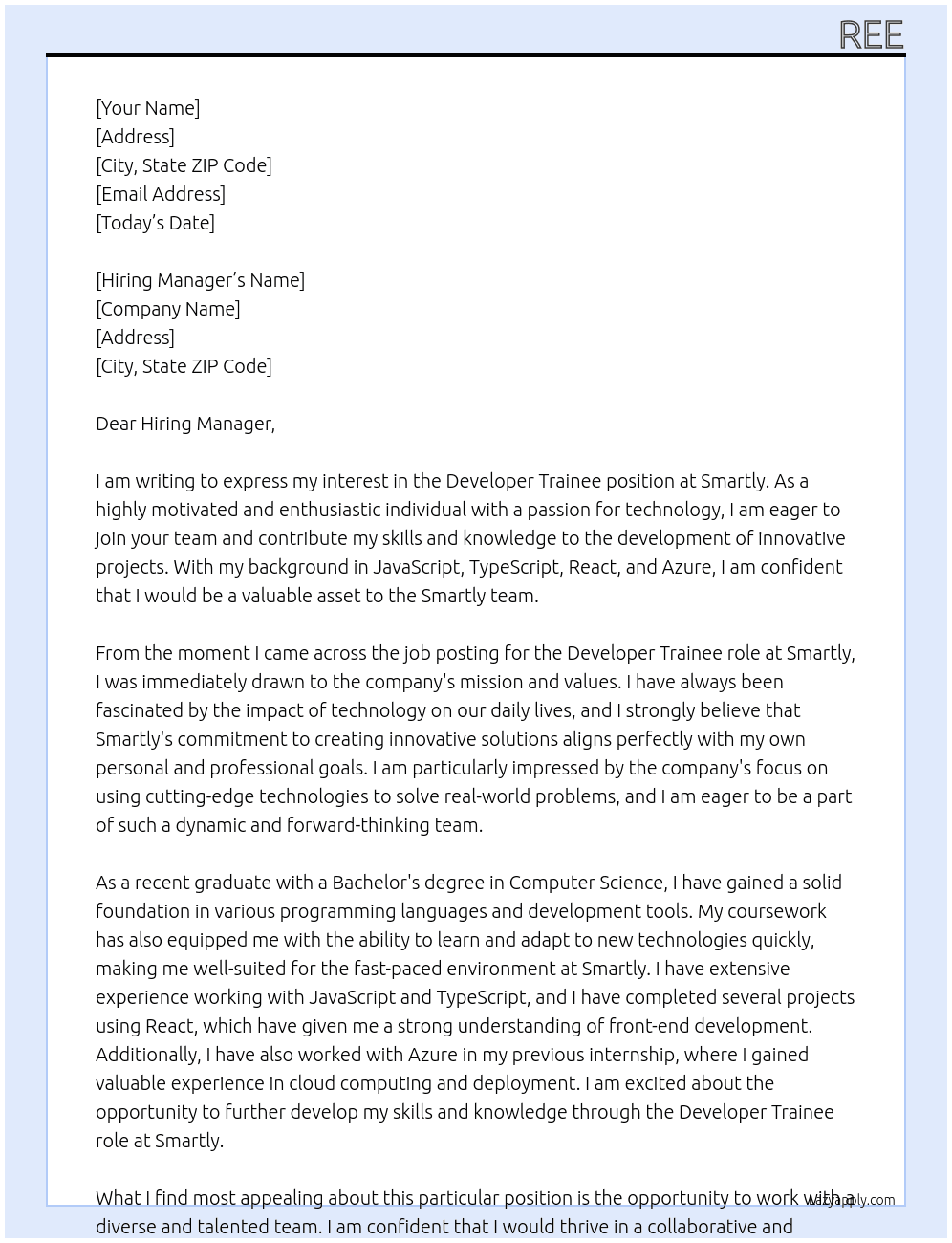 developer trainee At Smartly Cover Letter