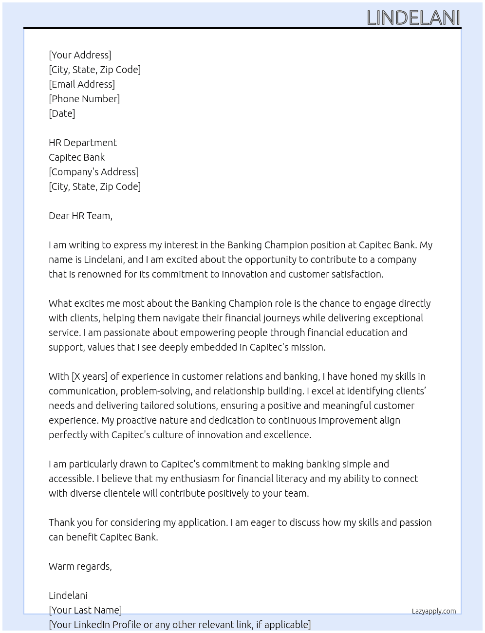 banking champion At capitec bank Cover Letter