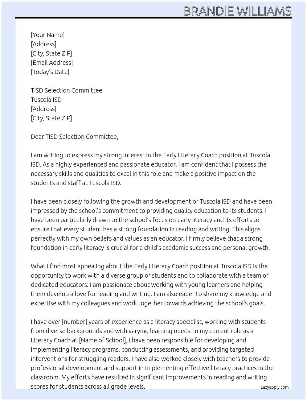 Early Literacy Coach  At Tuscola ISD Cover Letter