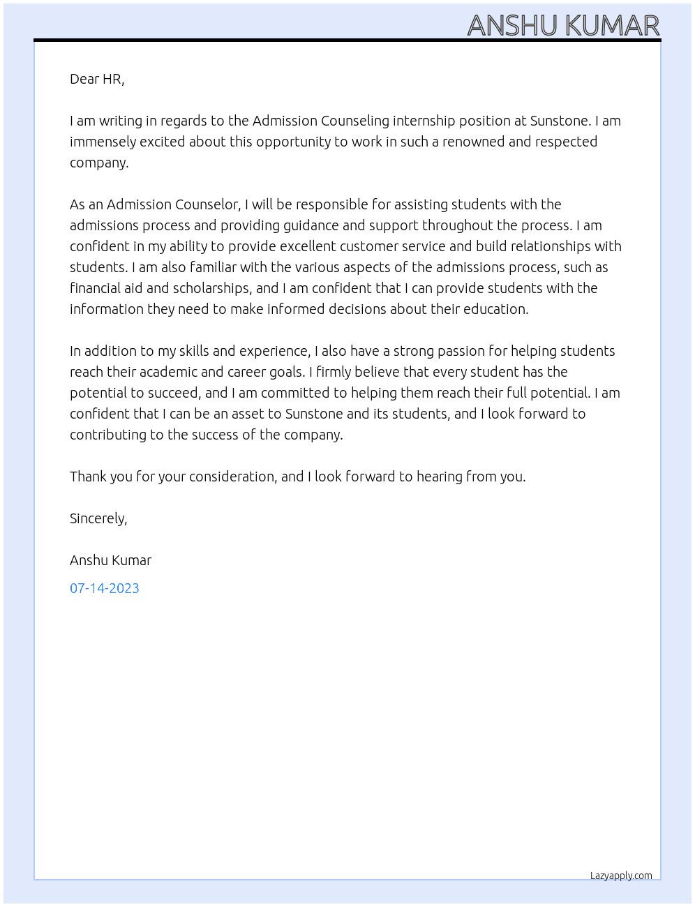 Admission Counseling internship At sunstone  Cover Letter