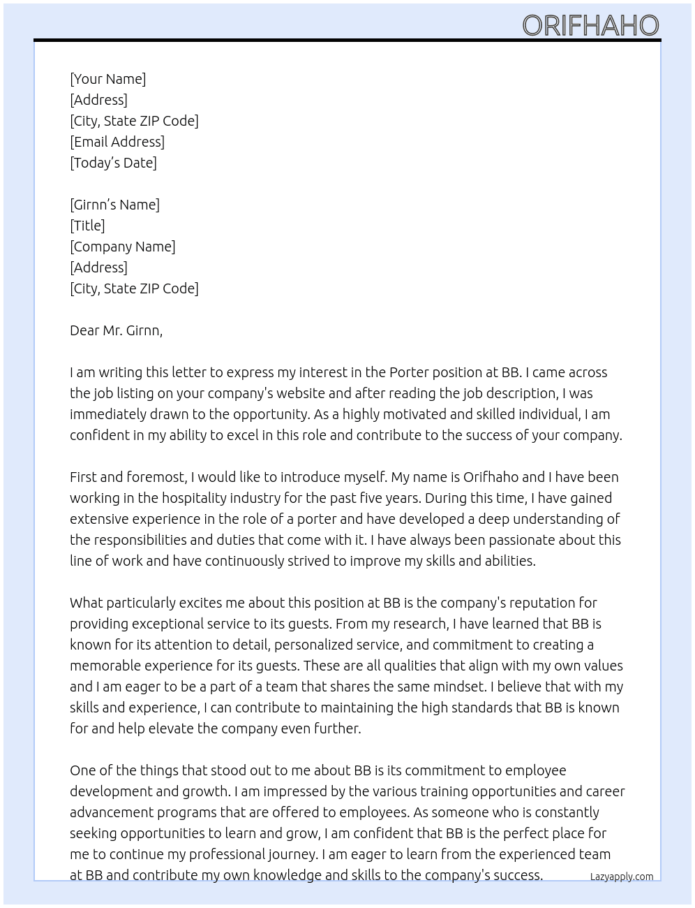 Porter At Bb Cover Letter