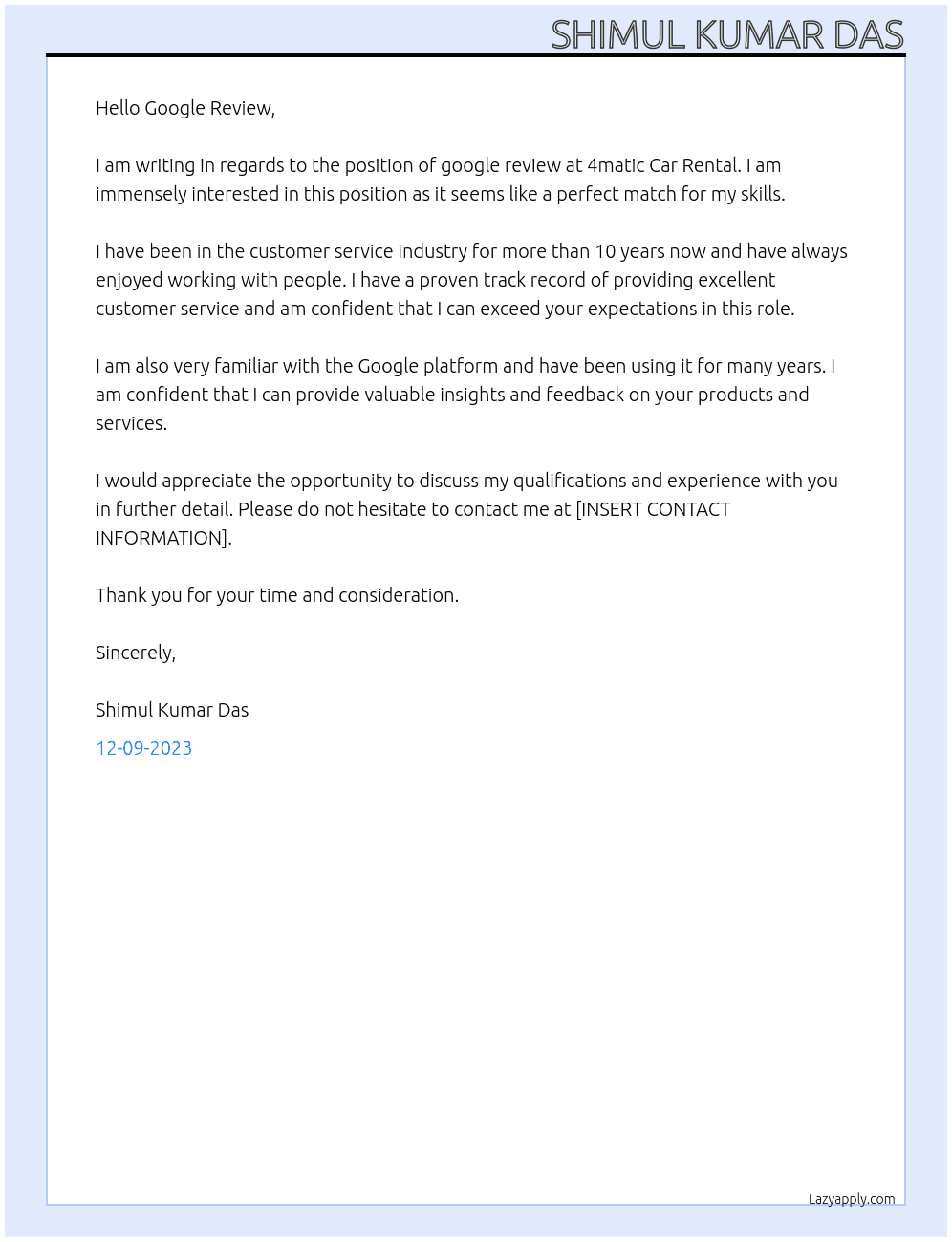 google review At 4matic Car Rental Cover Letter