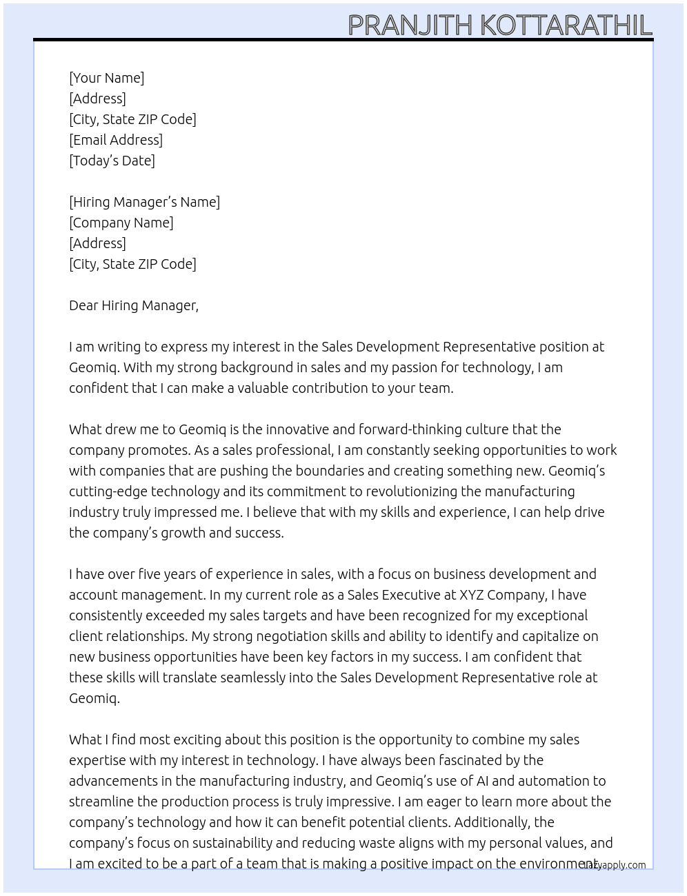 Sales Development Representative At Geomiq Cover Letter