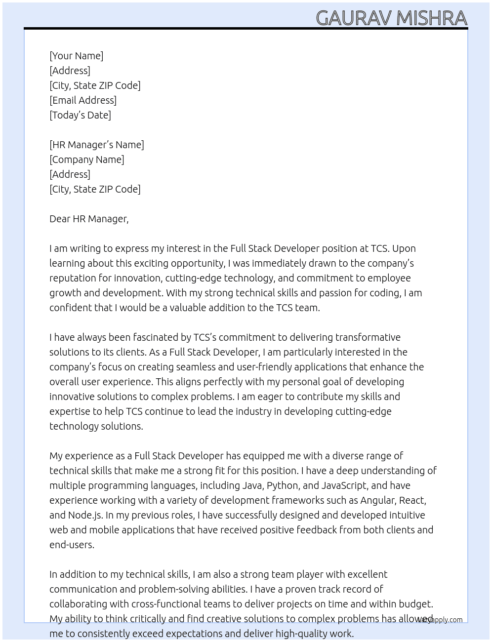 Full Stack Developer At TCS Cover Letter