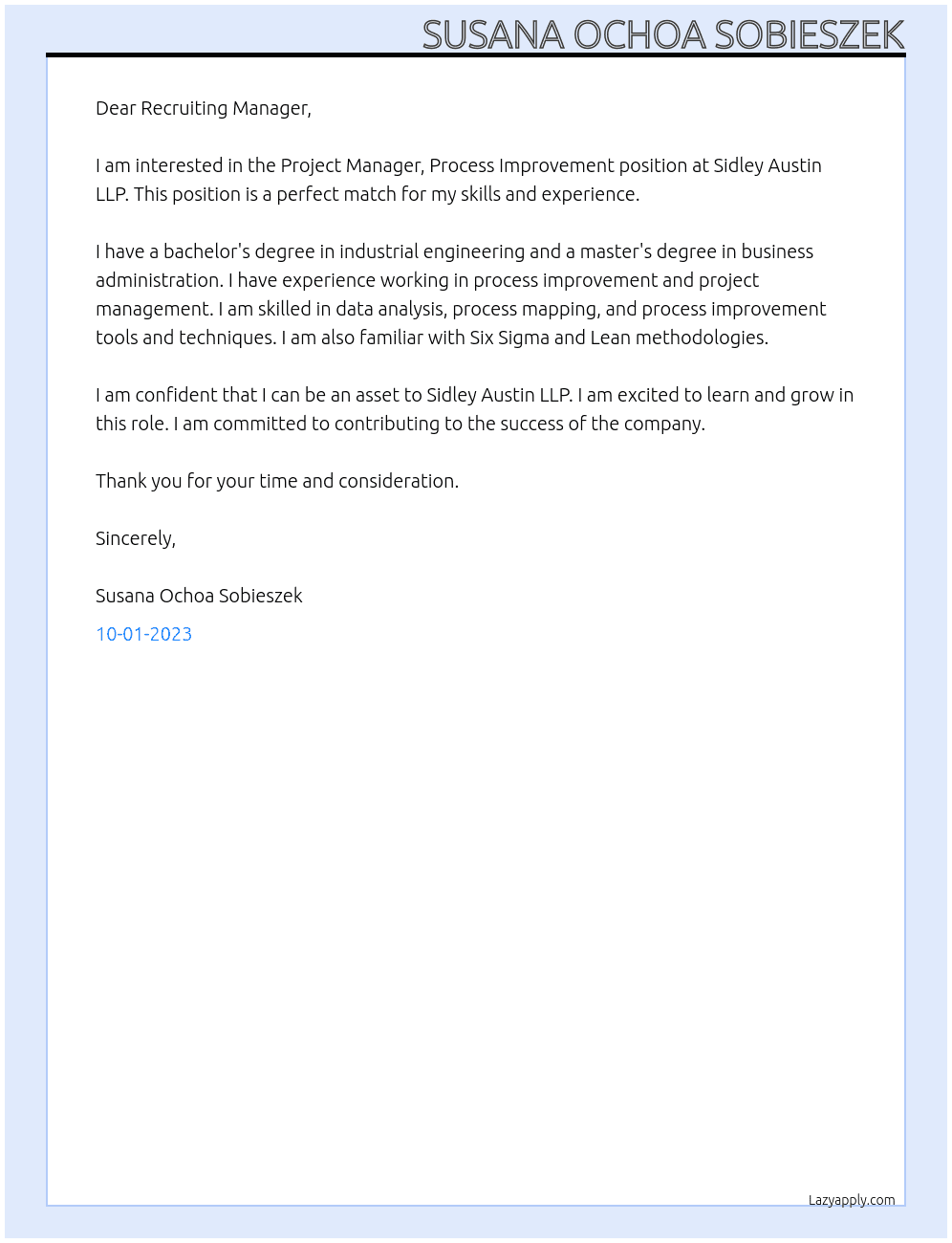 Project Manager, Process Improvement At Sidley Austin LLP Cover Letter