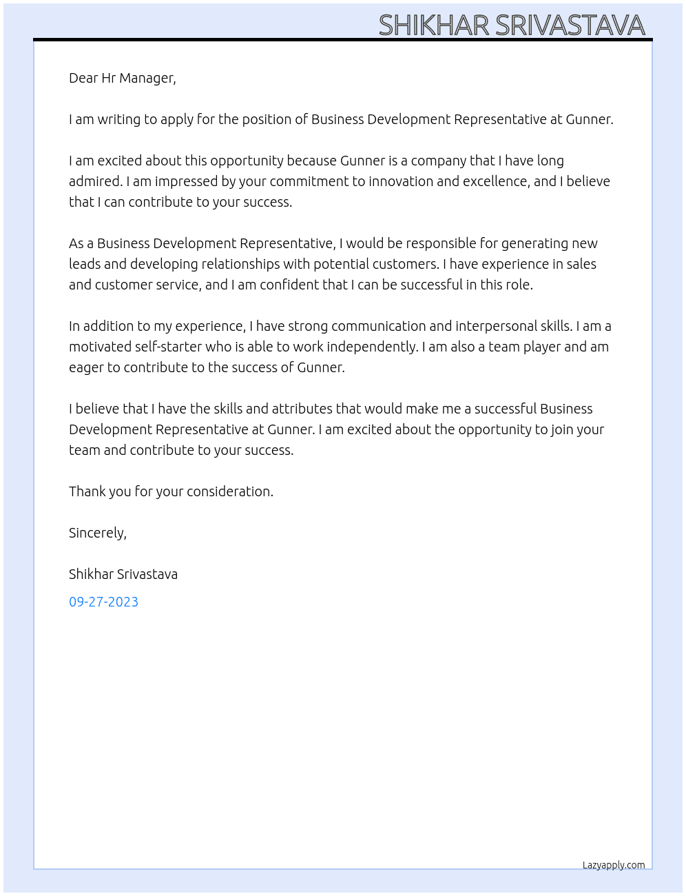 Business development representative  At Gunner Cover Letter