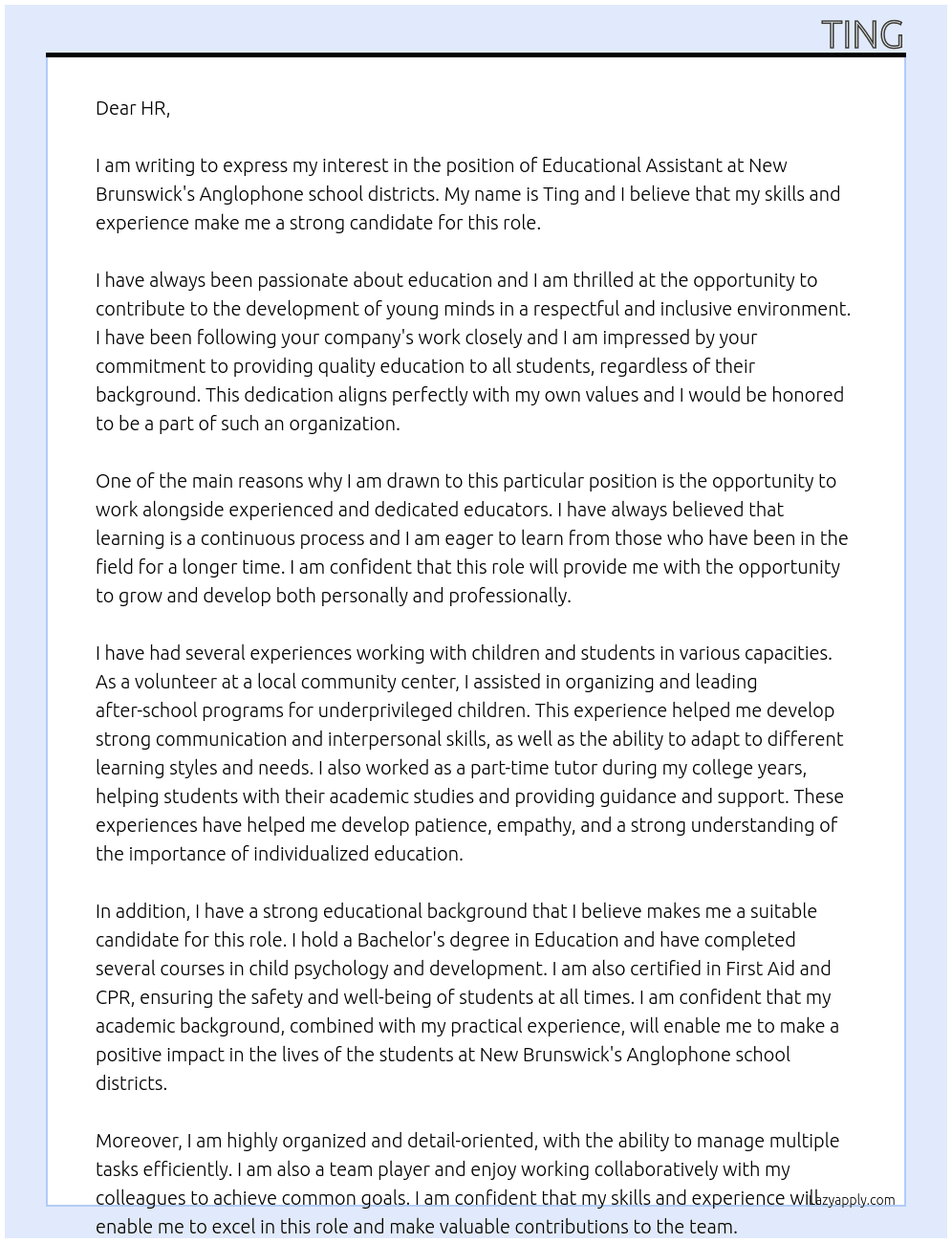 educational  assistant At New Brunswick's Anglophone school districts Cover Letter