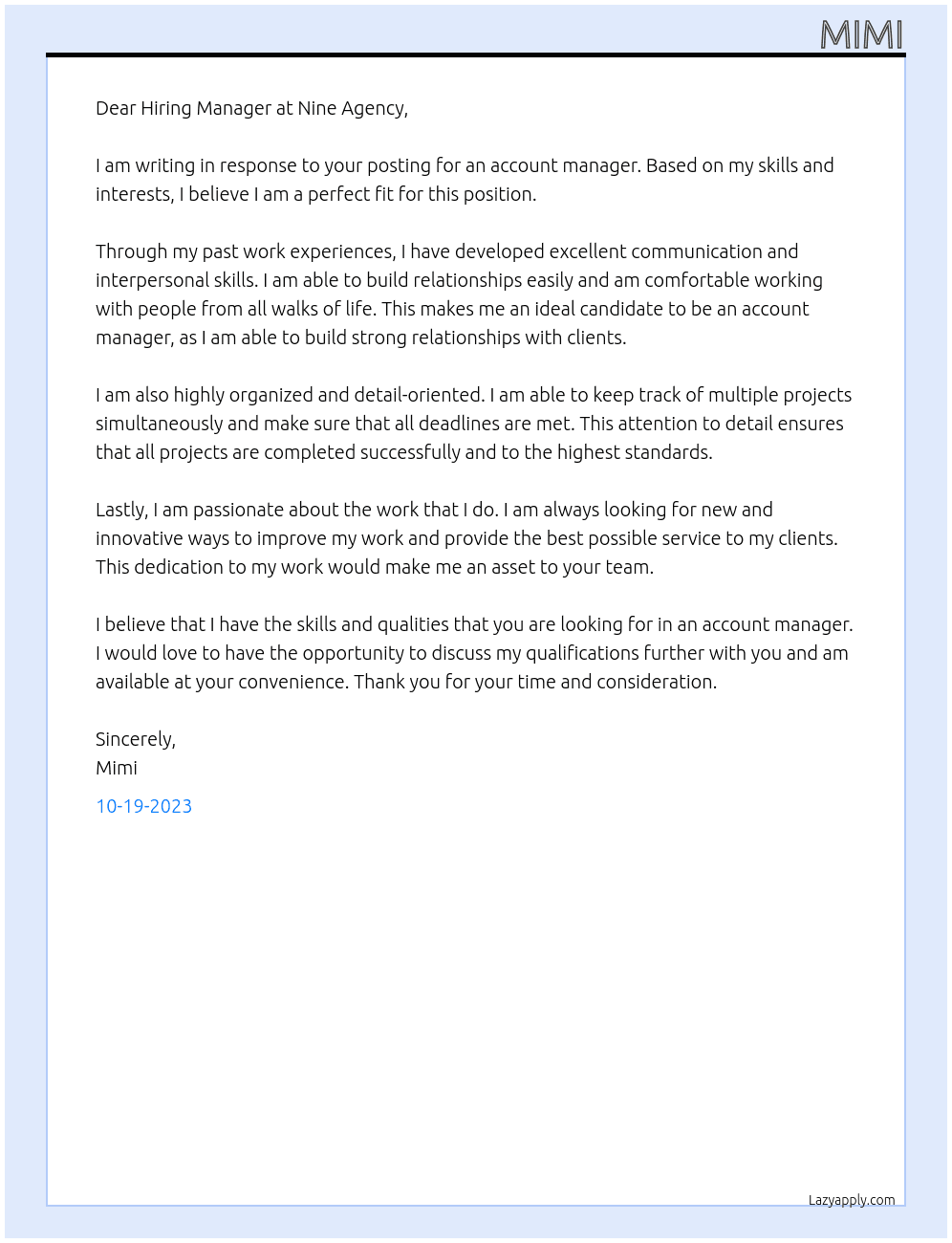 account manager At nine agency Cover Letter