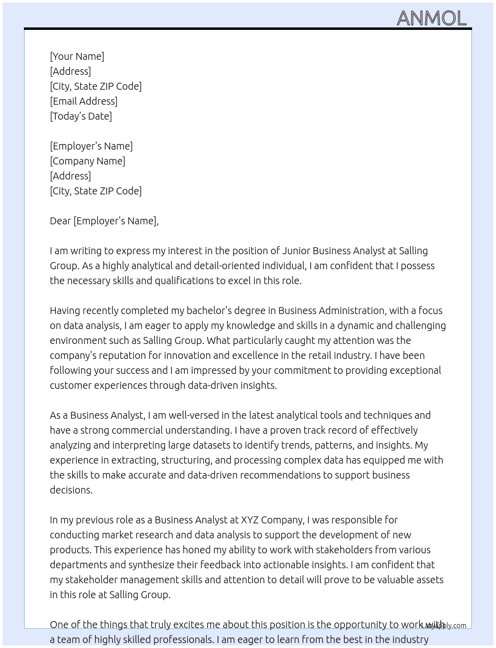 Business Analyst At Salling Group Cover Letter