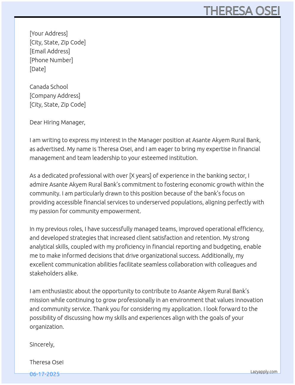 manger  At Asante Akyem Rural Bank Cover Letter
