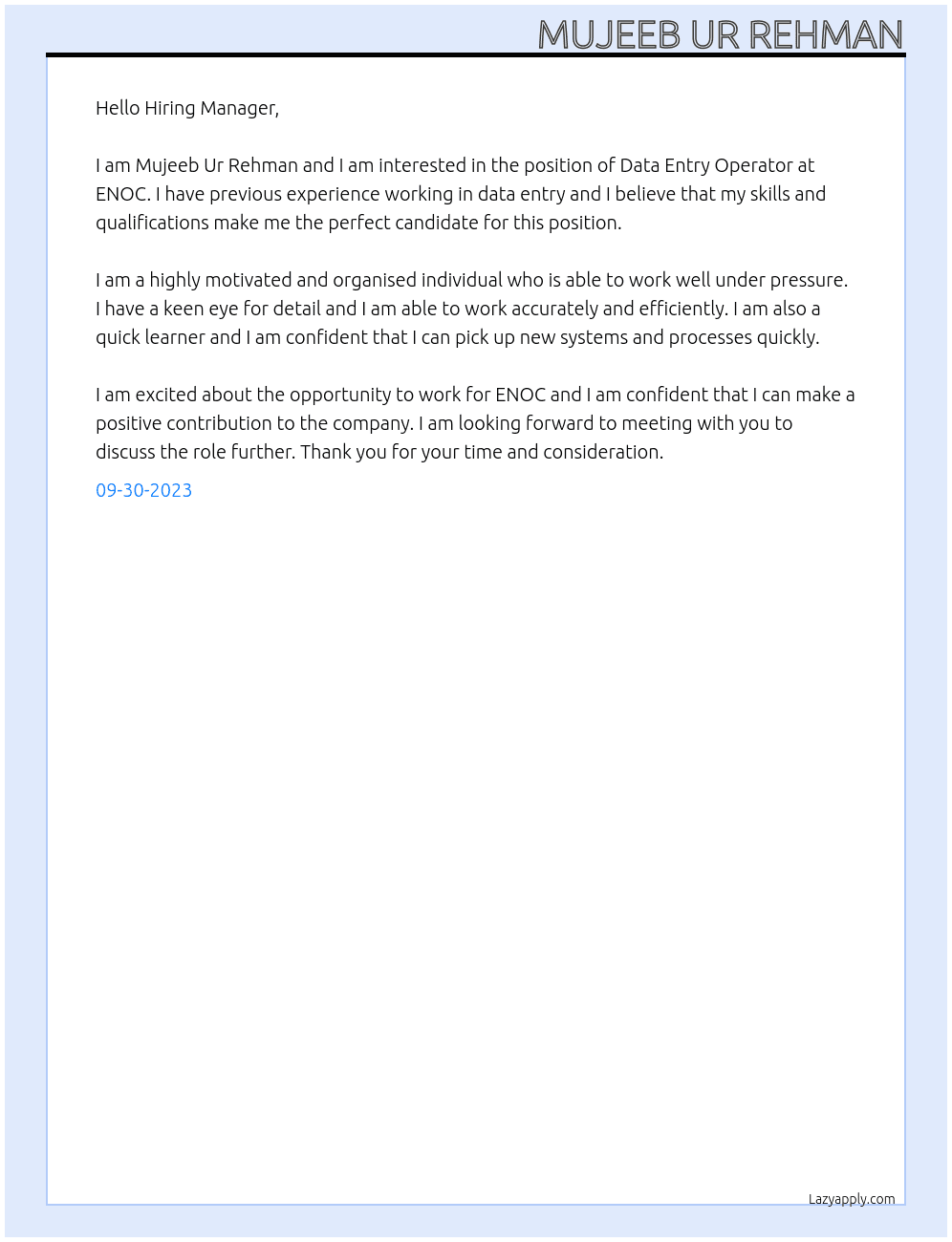 Data Entry Operator At ENOC Cover Letter
