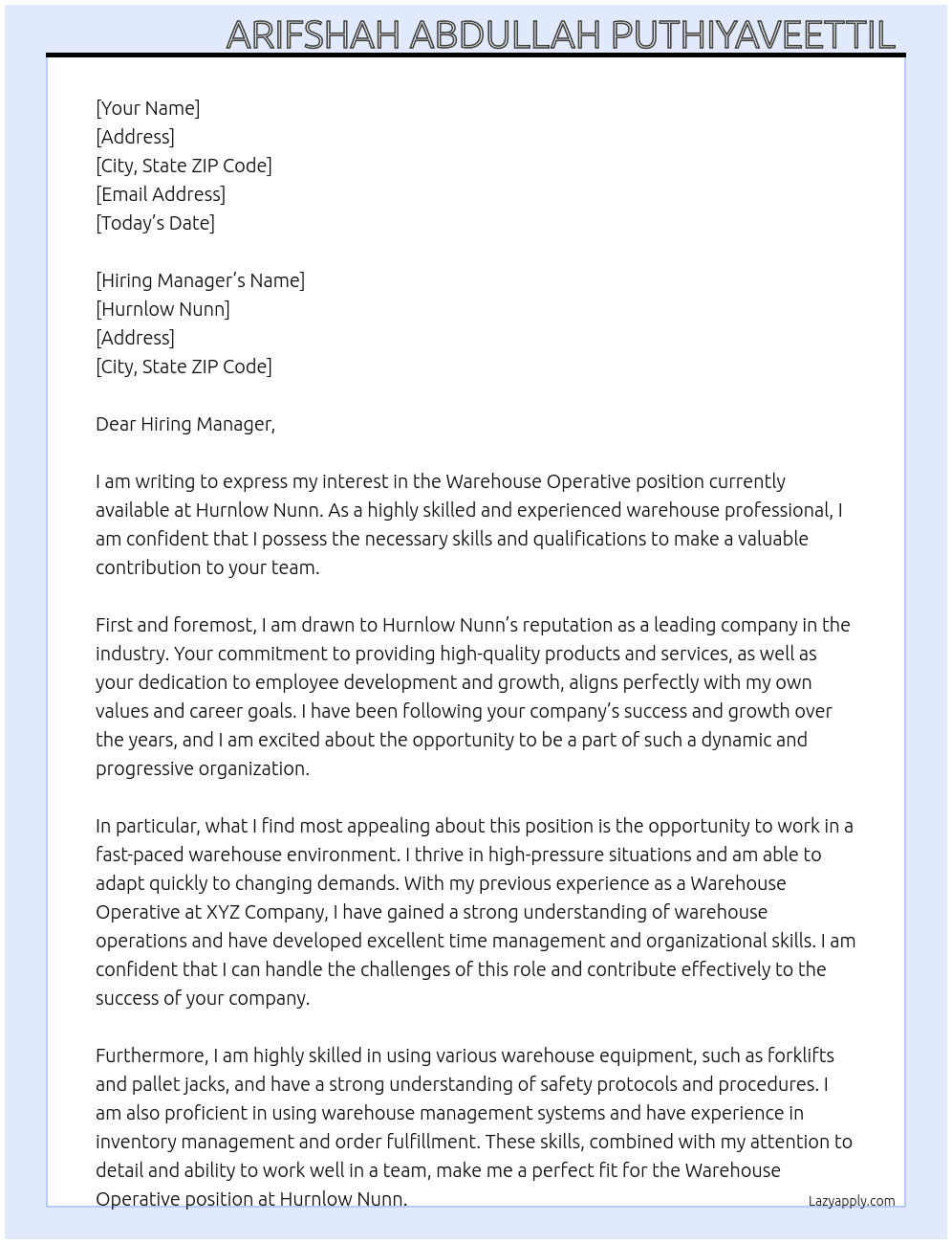 Warehouse Operative At hurnlow nunn Cover Letter