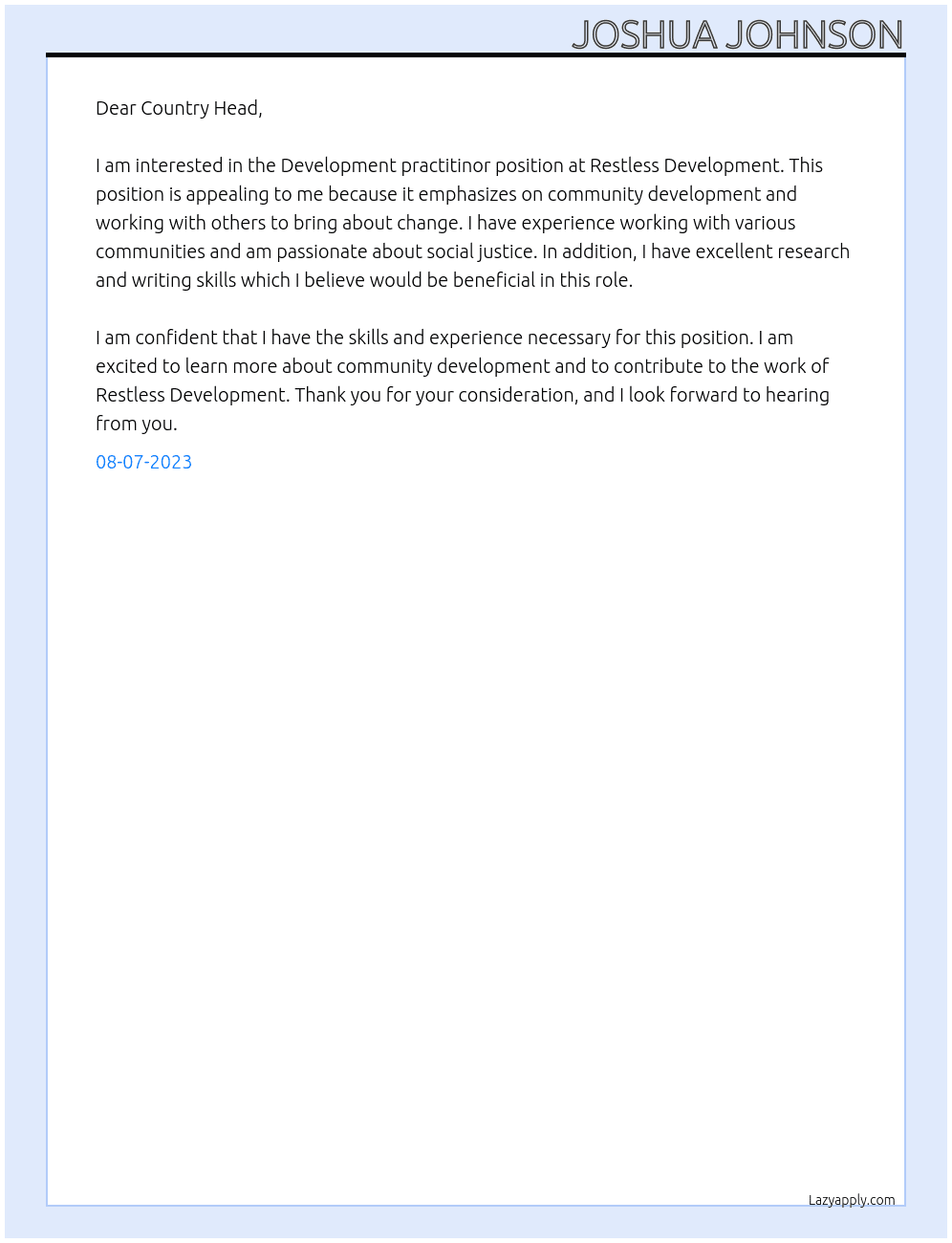 Development practitinor At Restless development Cover Letter