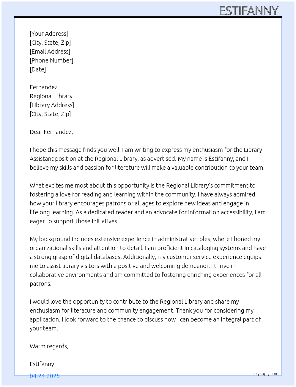 Library assistant  At Regional library  Cover Letter