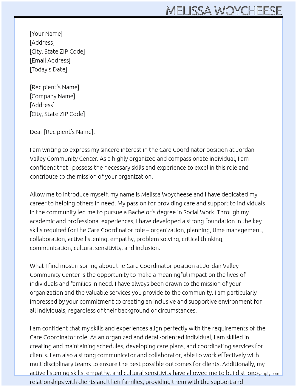 care coordinator At Jordan Valley community center Cover Letter