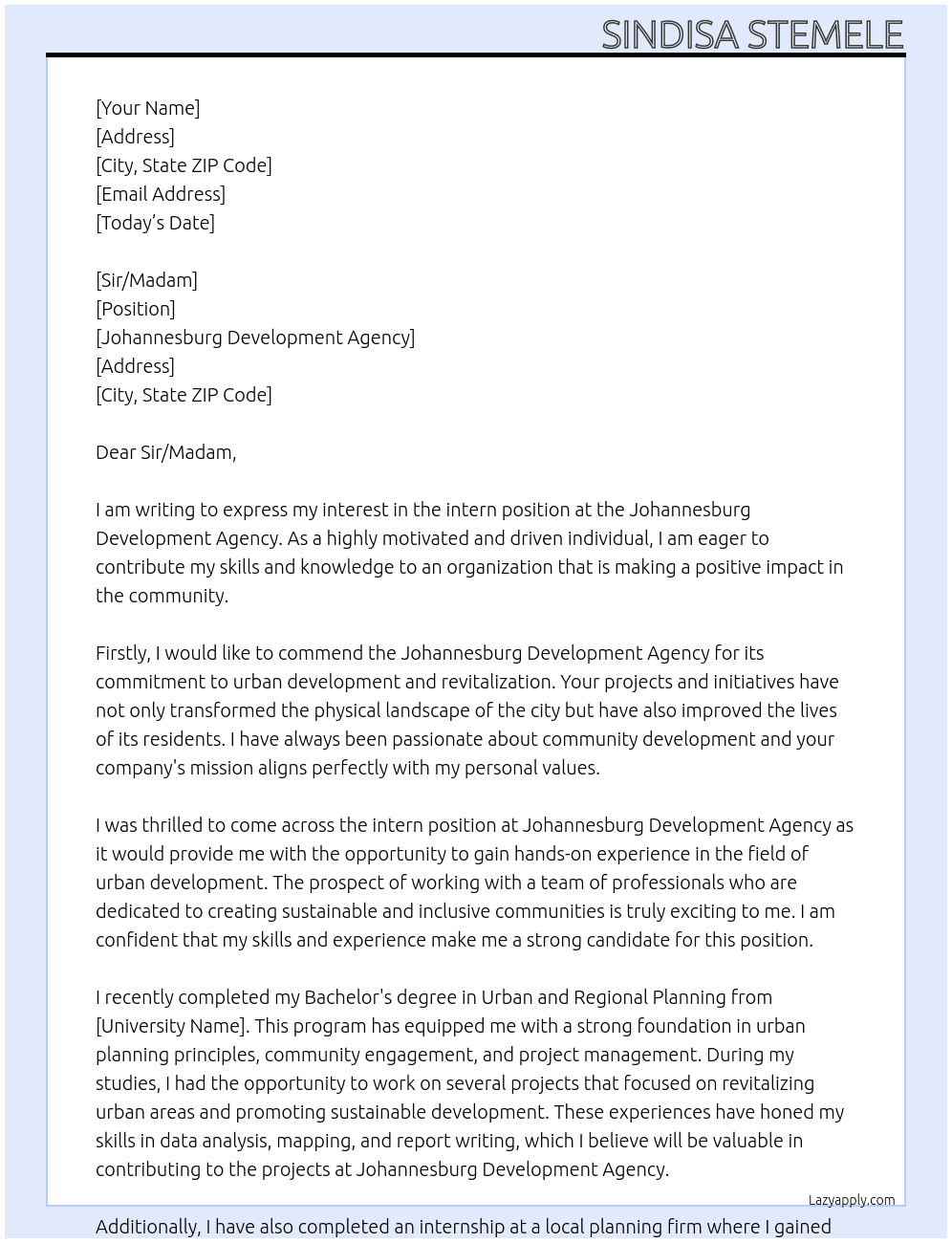 intern At Johannesburg development Agency Cover Letter
