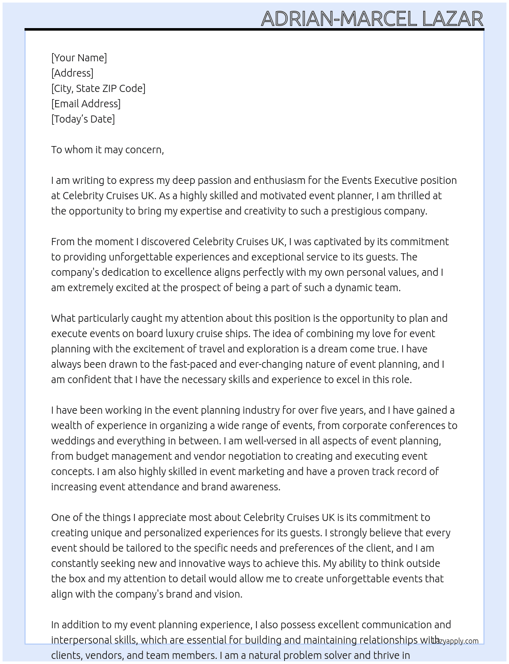 Events Executive At Celebrity Cruises UK  Cover Letter