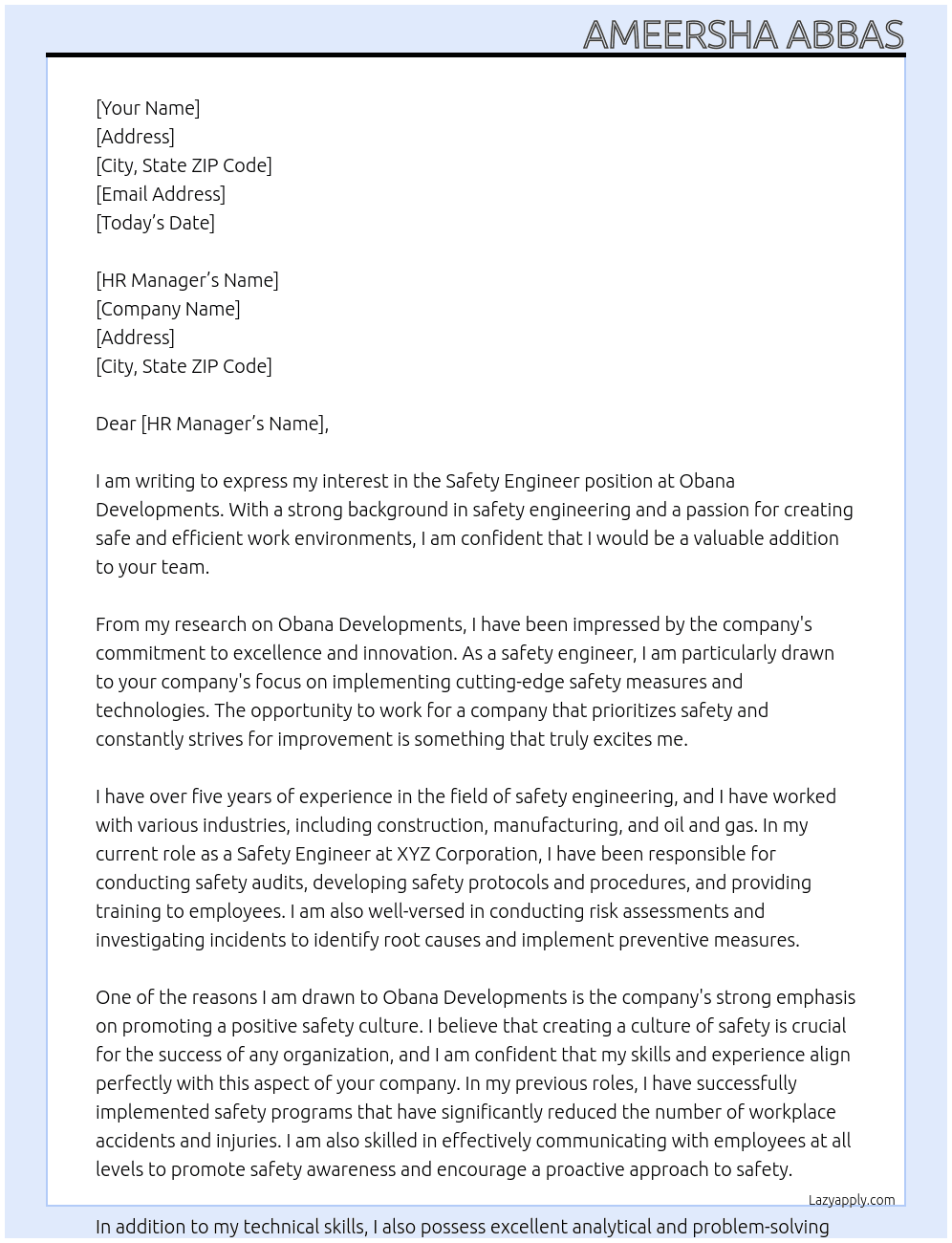 Safety engineer  At Obana Developments Cover Letter