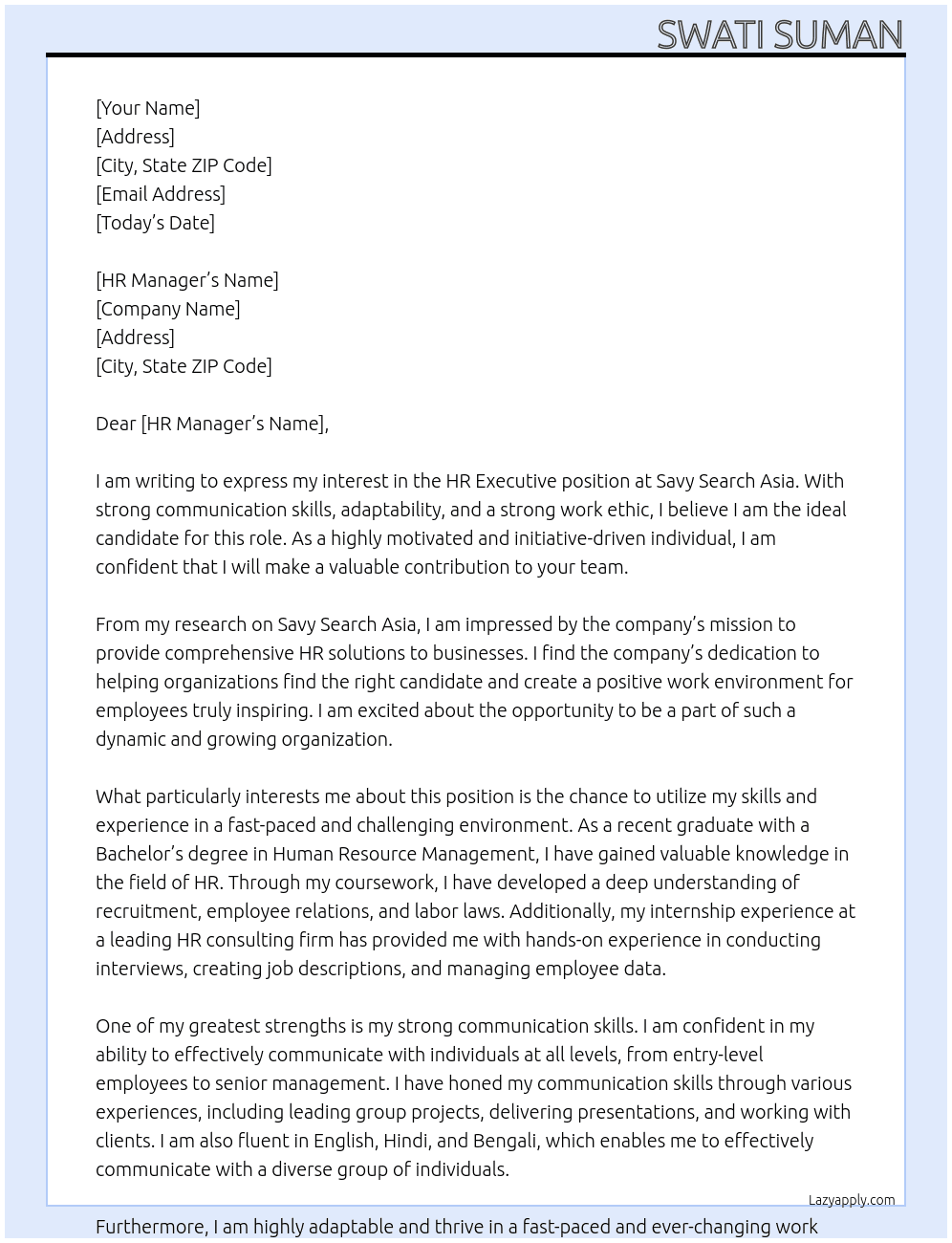 Hr executive  At Savy search asia Cover Letter