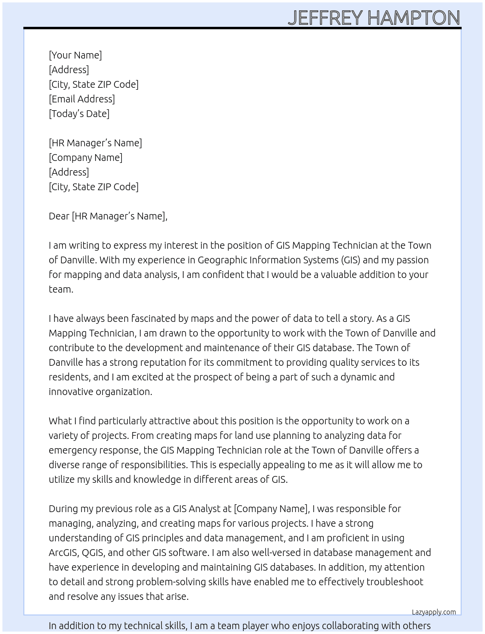 GIS Mapping Technician At Town of Danville Cover Letter