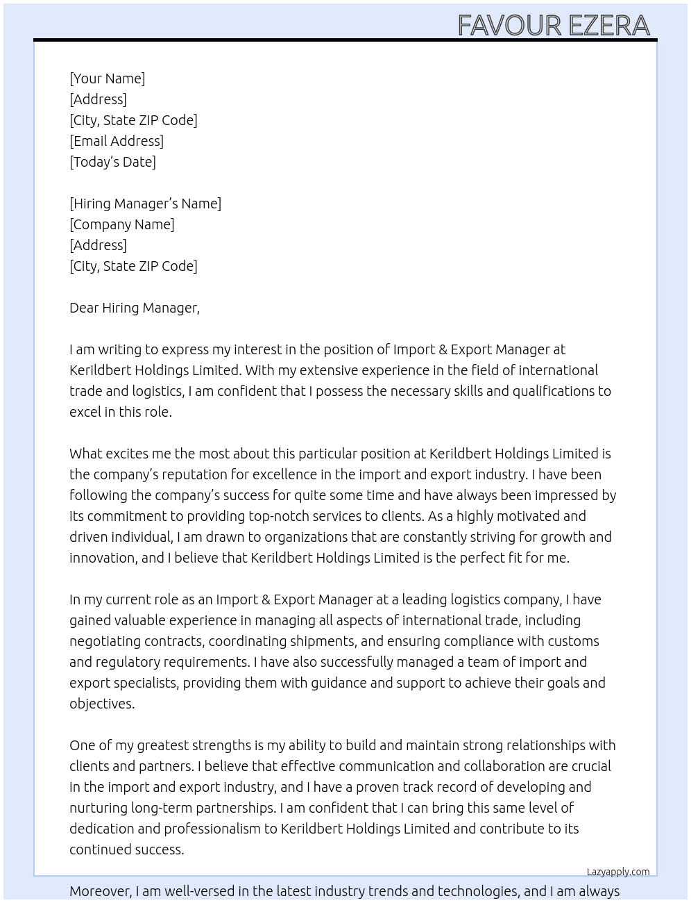 Import & Export Manager  At Kerildbert Holdings Limited Cover Letter