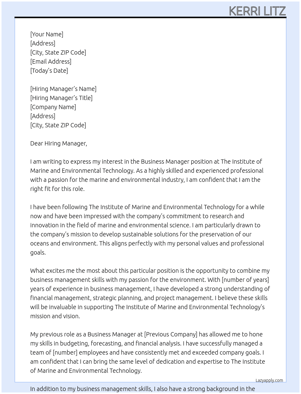 Business manager At The Institute of Marine and Environmental Technology Cover Letter