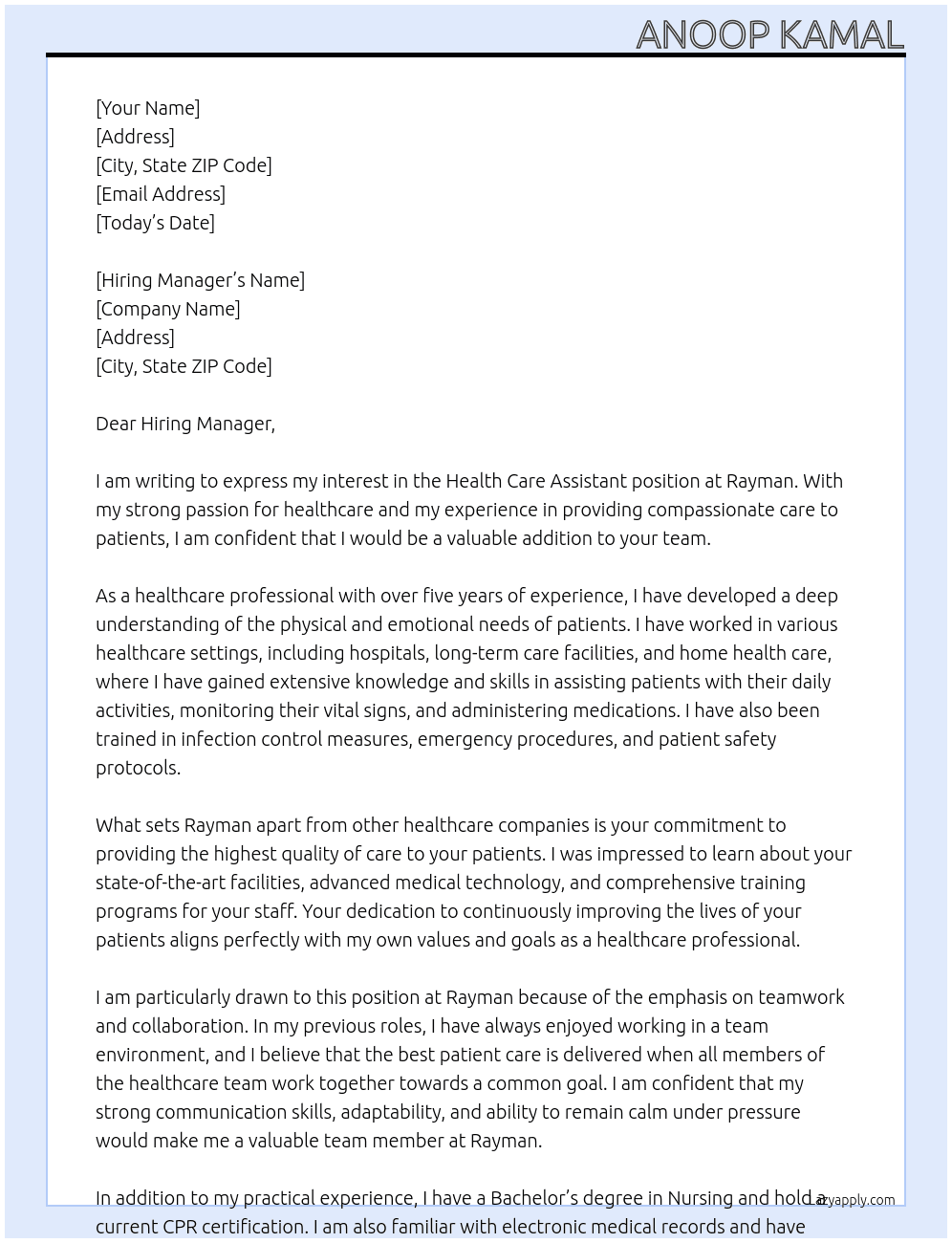 health care assistant At Rayman Cover Letter