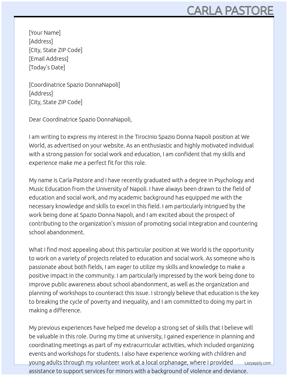  Tirocinio Spazio Donna Napoli At We World Cover Letter