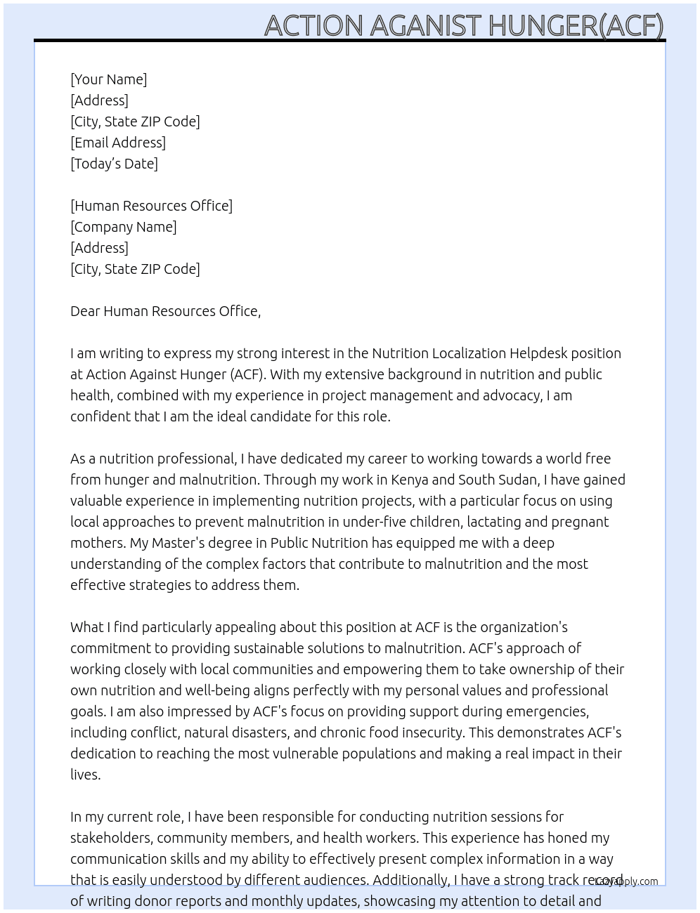 Nutrition Localization Helpdesk At ACF Cover Letter