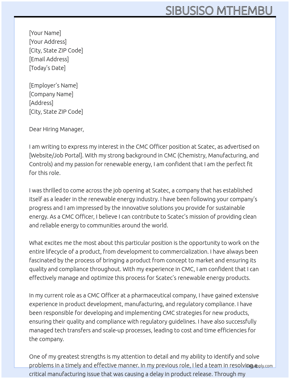 CMC Officer  At Scatec  Cover Letter