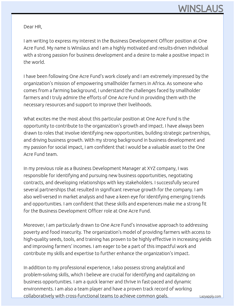 business development officer At one acre fund Cover Letter