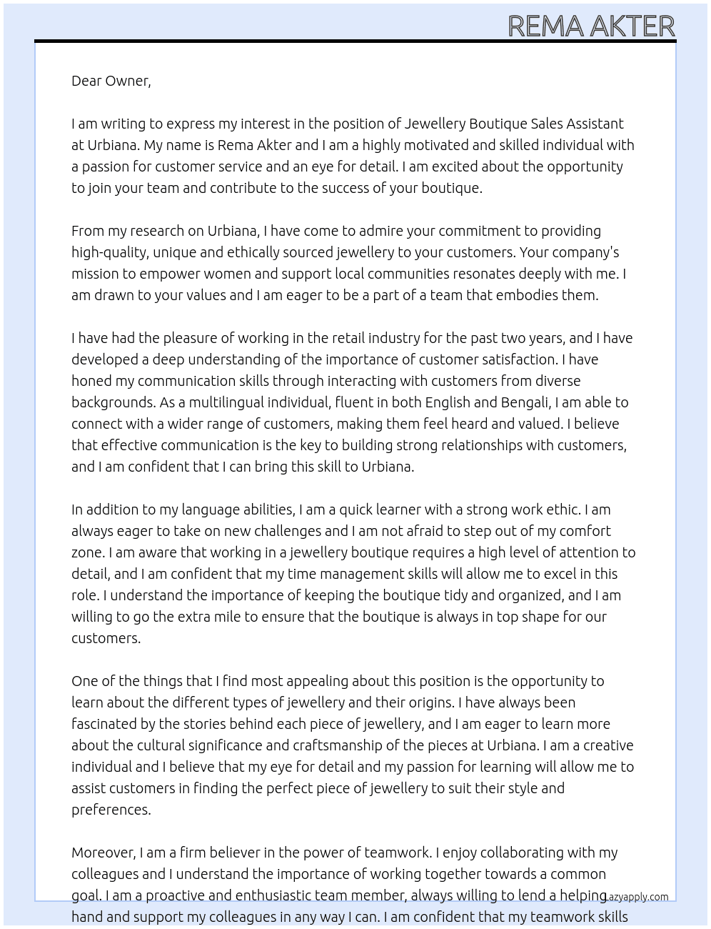Jewellery Boutique Sales Assistant  At Urbiana  Cover Letter