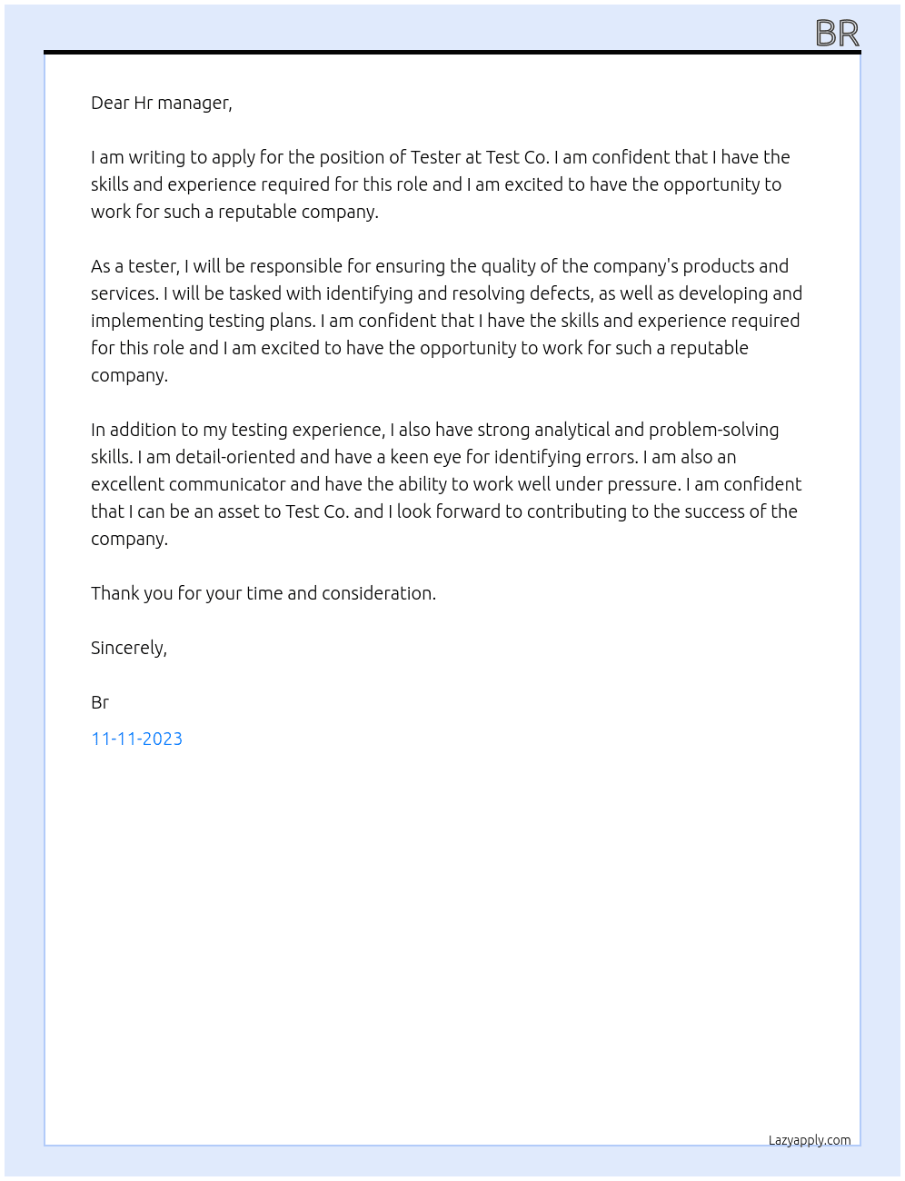 Tester At Test Co.  Cover Letter