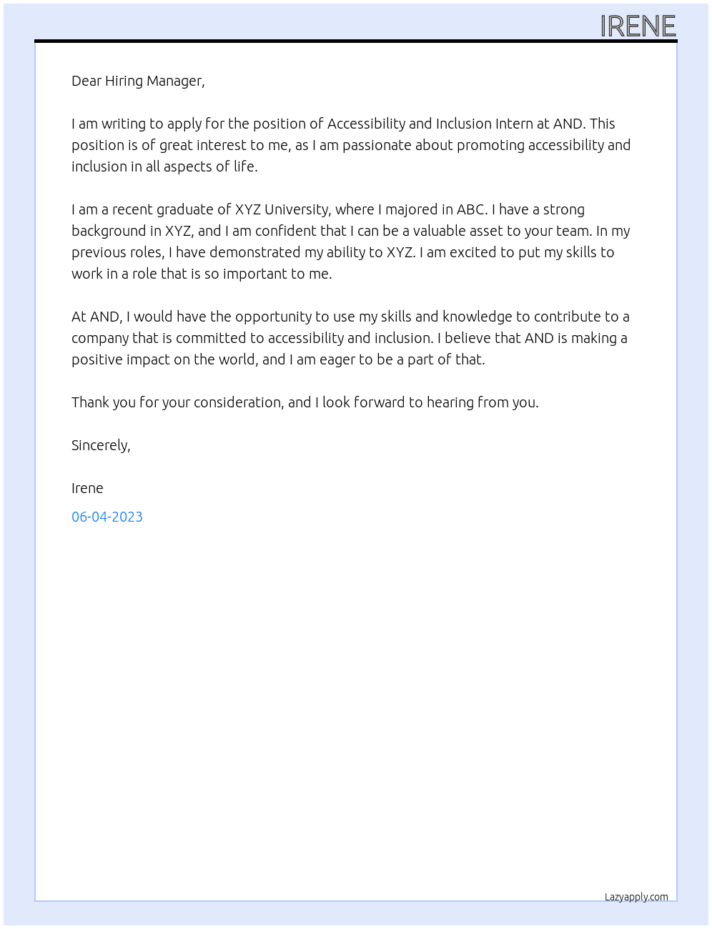 Accessibility and Inclusion Intern At AND Cover Letter