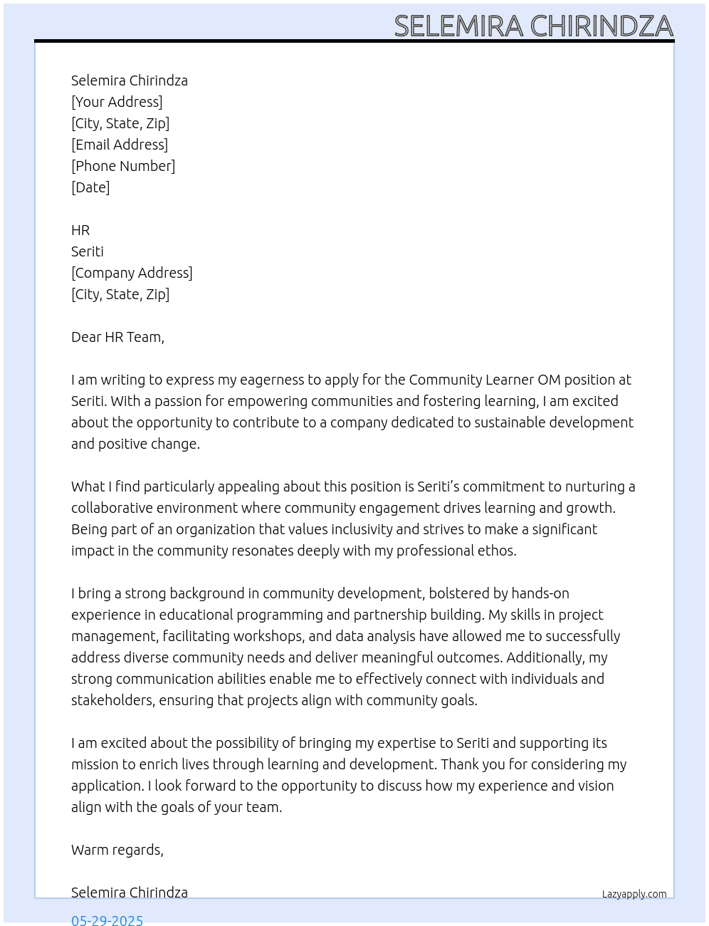 Community Learner OM At Seriti Cover Letter