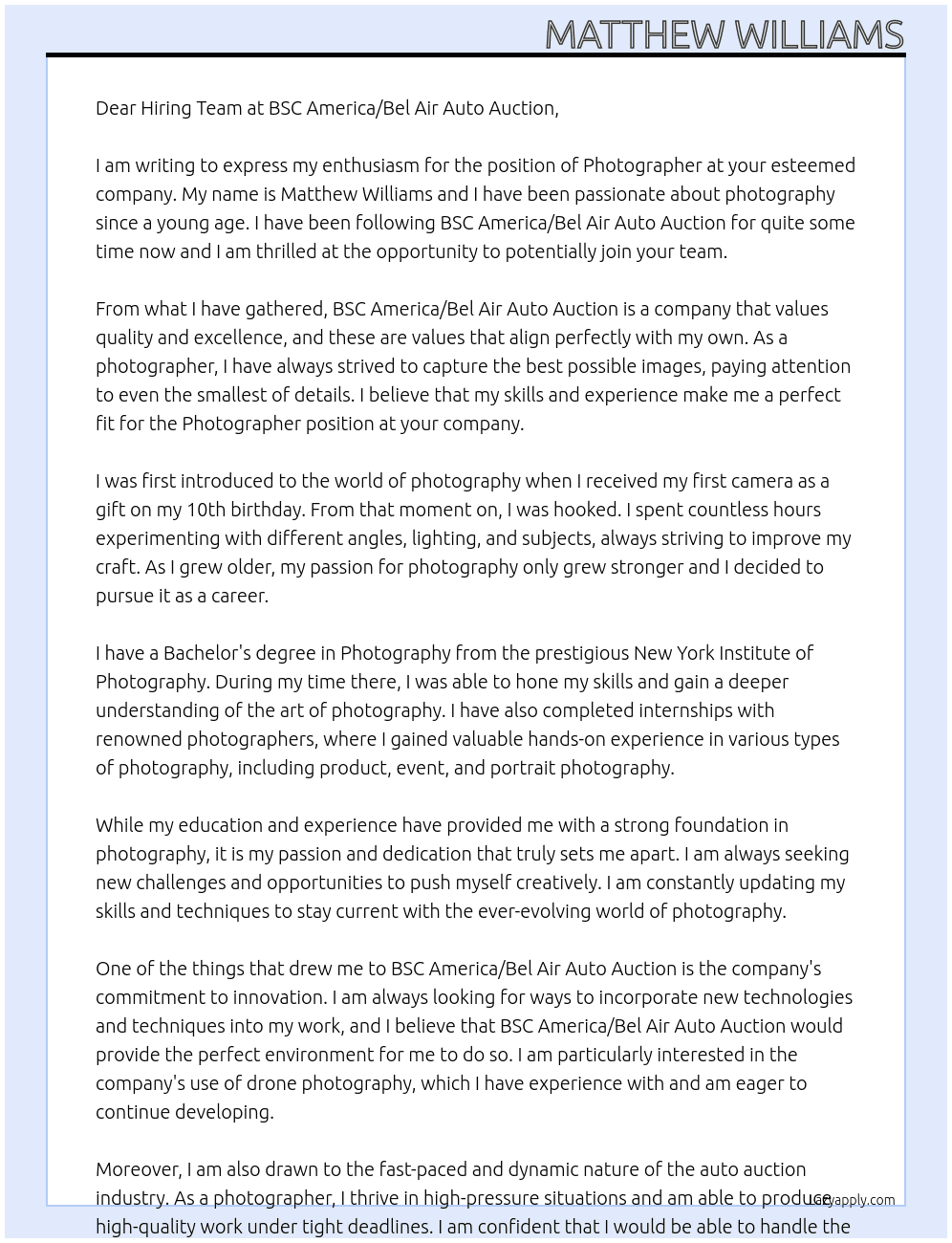 Photographer At BSC America/Bel Air Auto Auction Cover Letter
