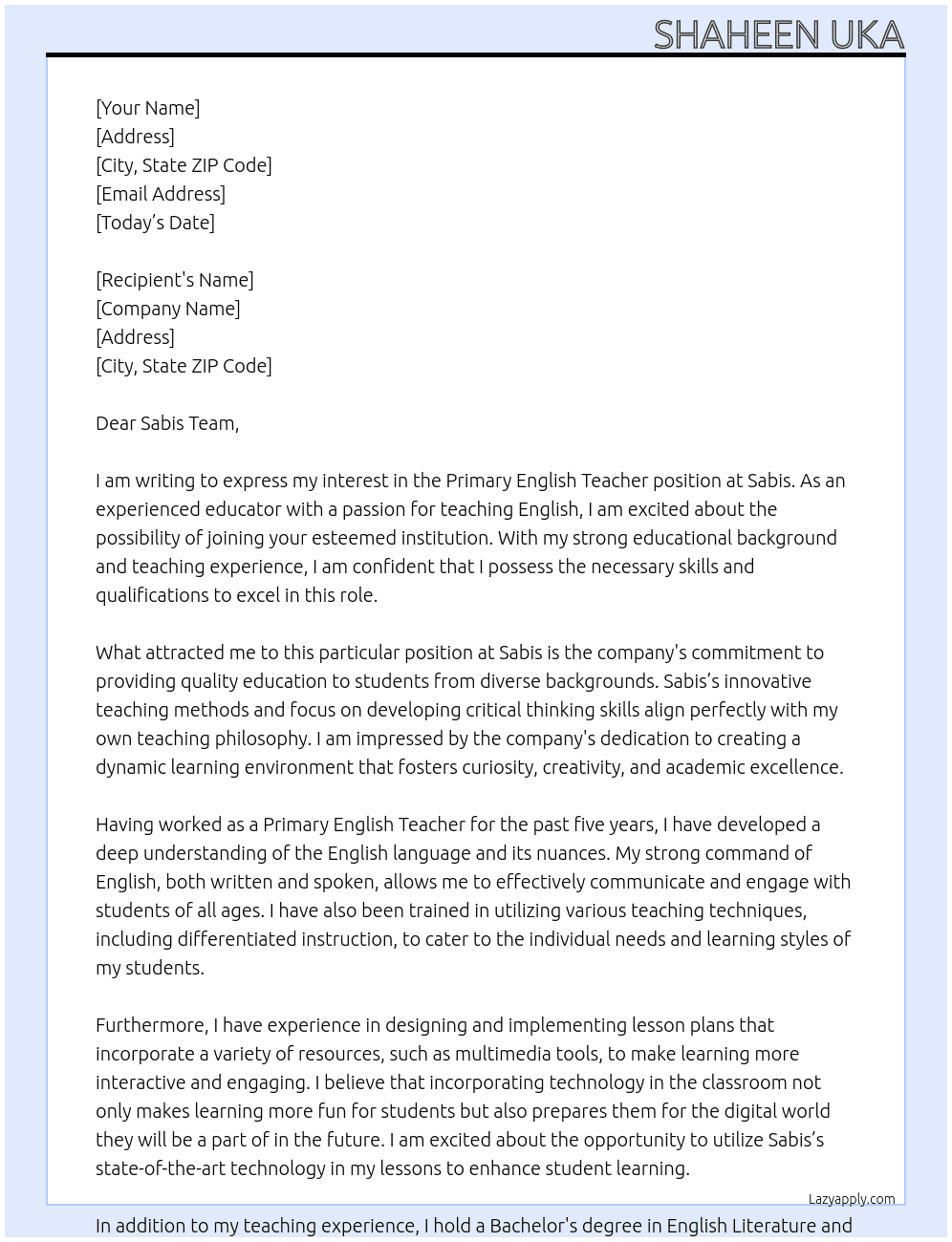 Primary English Teacher At Sabis Cover Letter