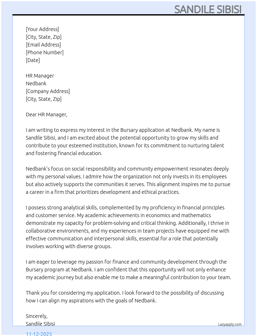 Bursary application  At Nedbank  Cover Letter