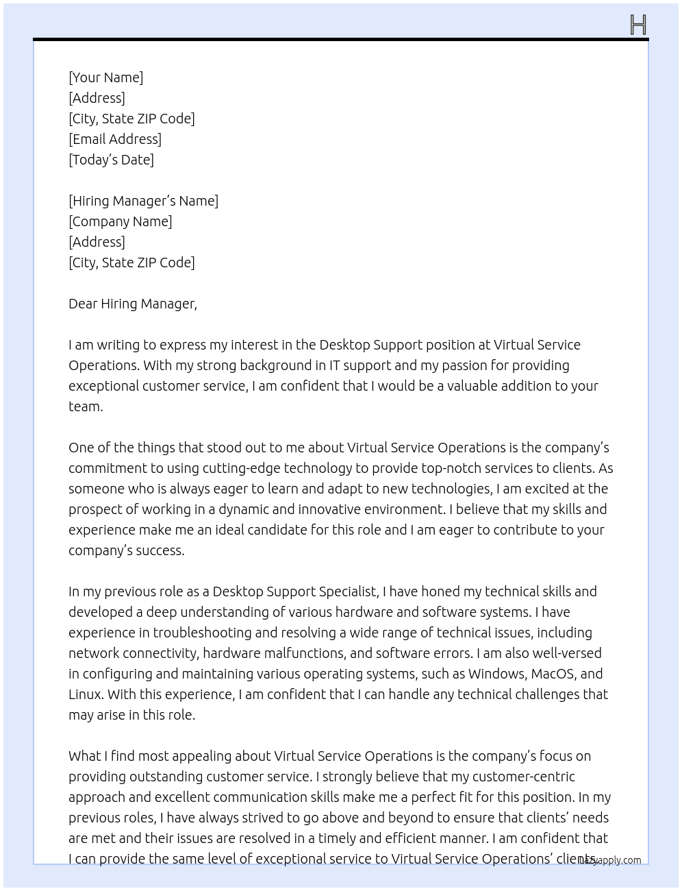 Desktop Support At Virtual Service Operations Cover Letter