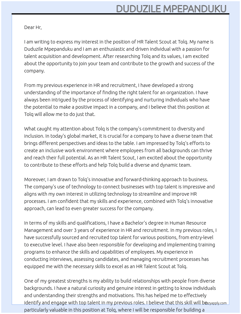 Hr talent scout At Tolq Cover Letter