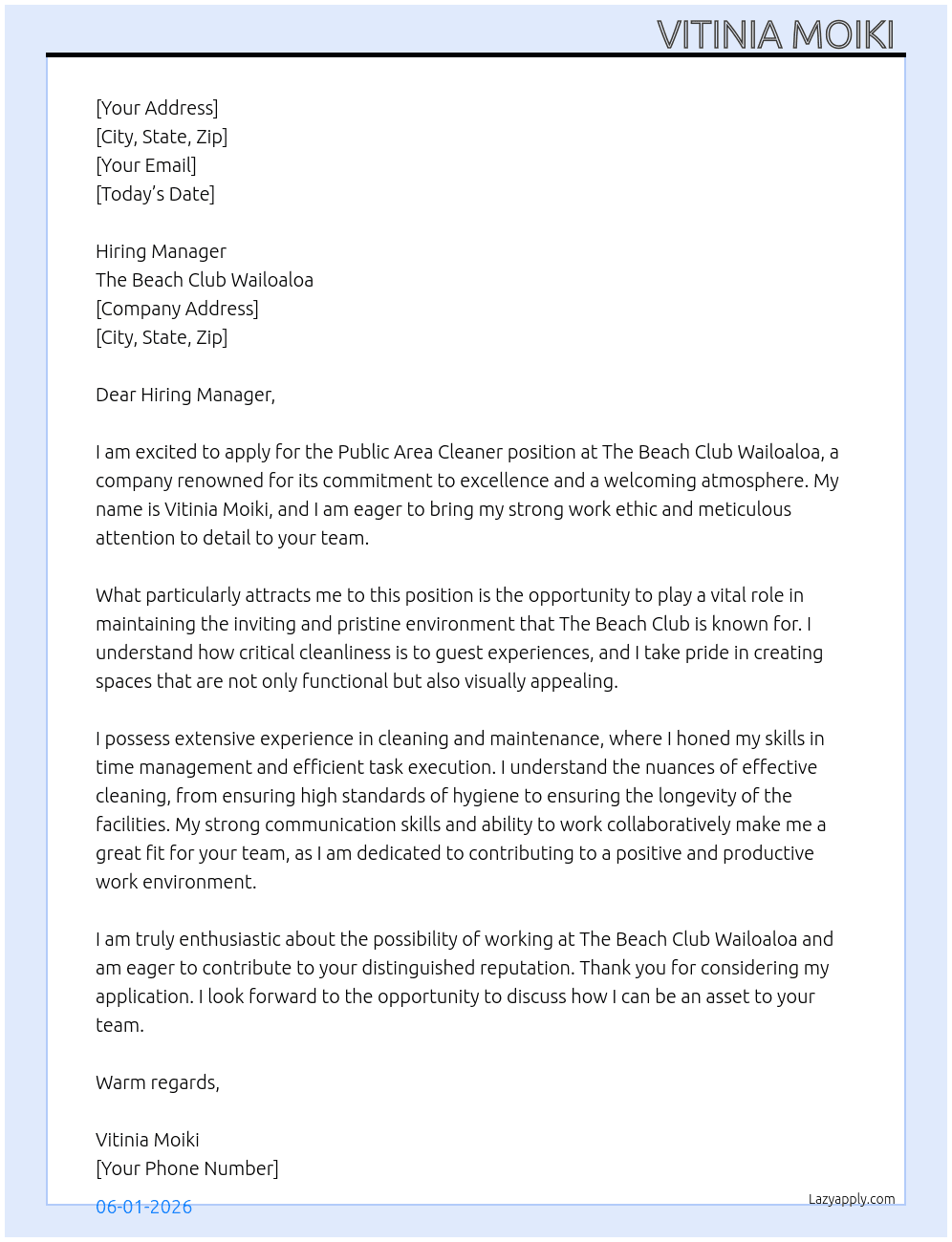 Public Area Cleaner  At The Beach Club Wailoaloa  Cover Letter