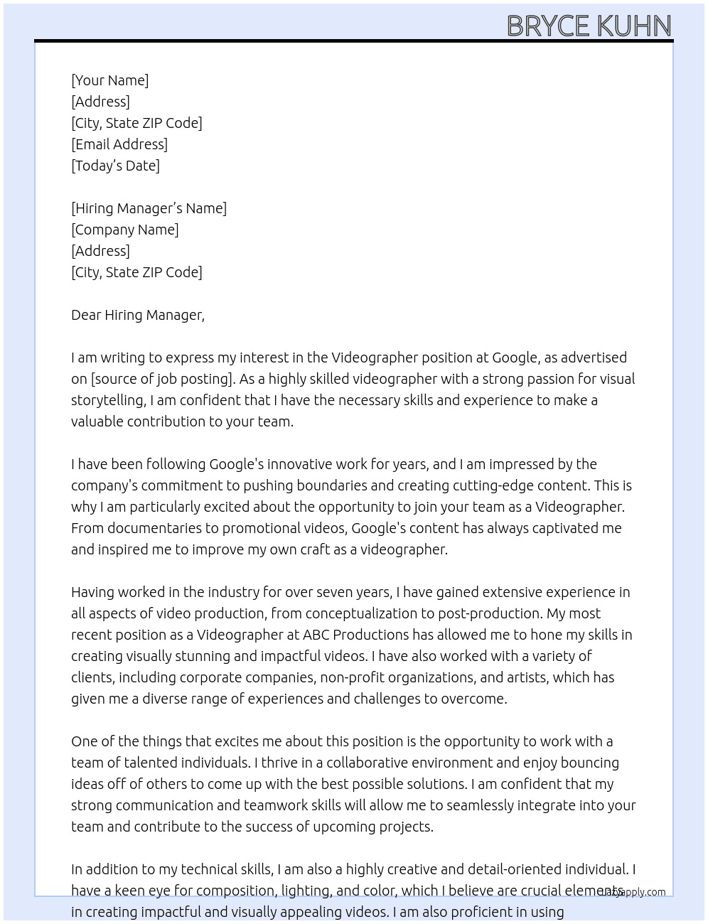 Videographer At Google Cover Letter