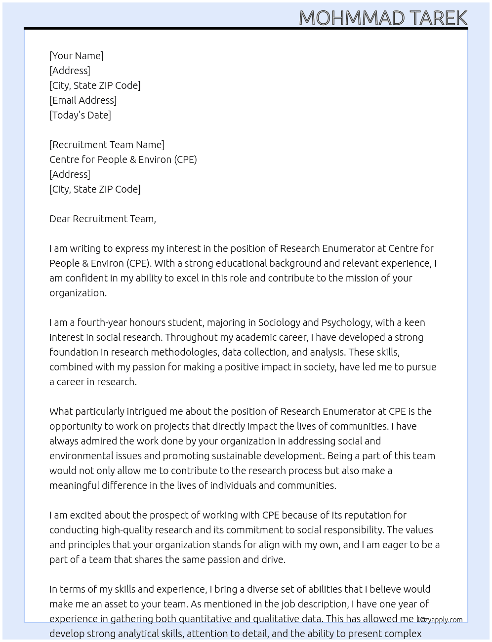 Research Enumerator At Centre for People & Environ (CPE) Cover Letter