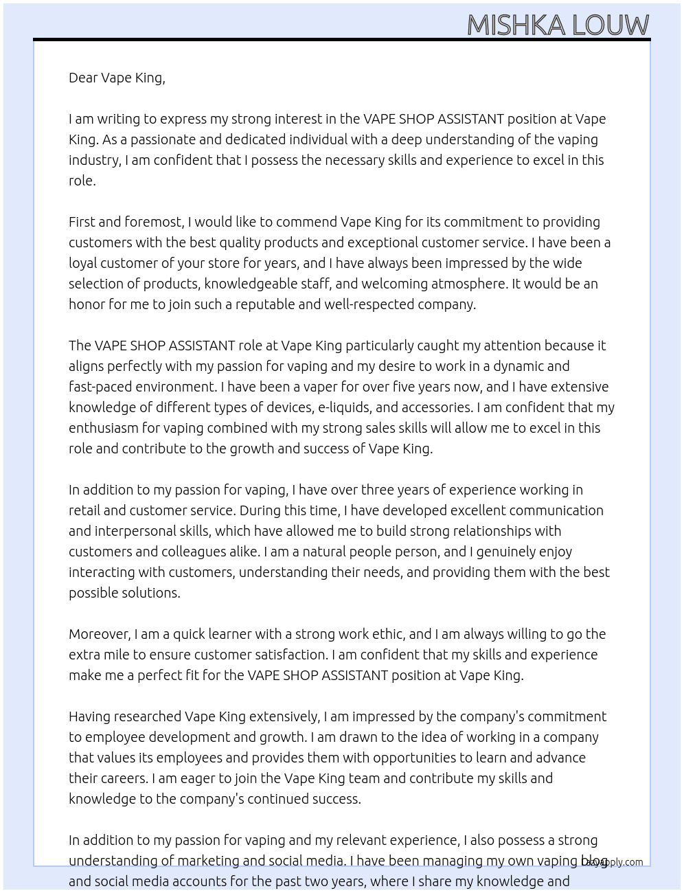 VAPE SHOP ASSISTANT At Vape King Cover Letter