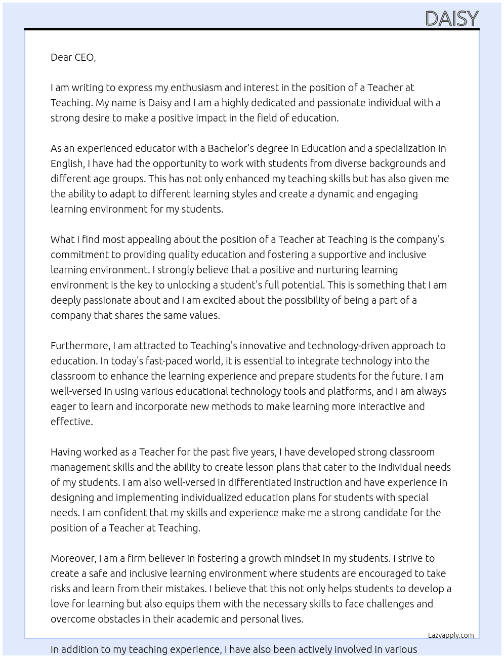 Teacher At Teaching Cover Letter