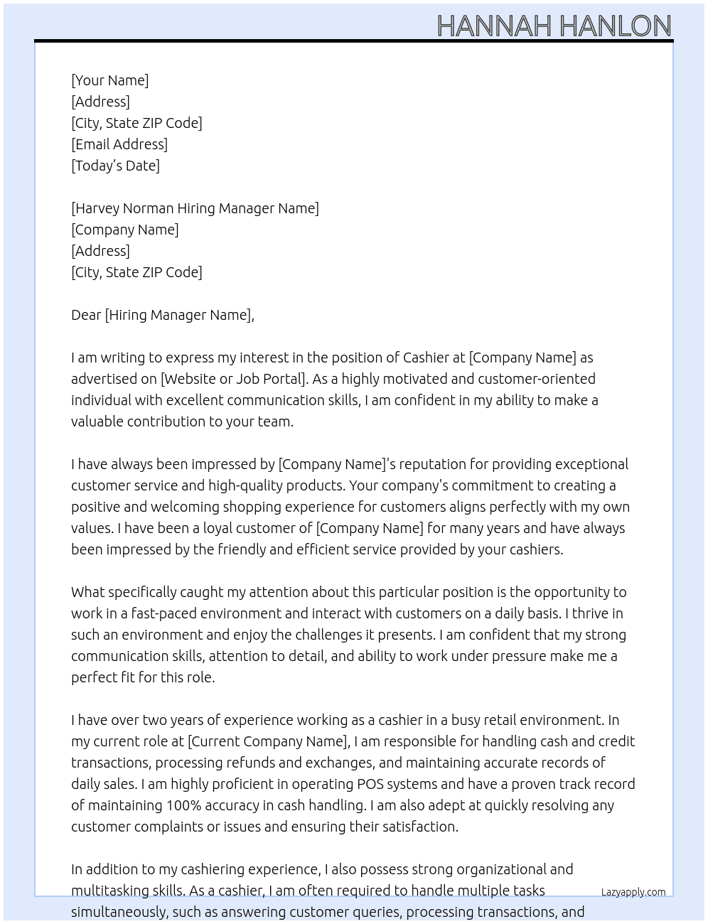 cashier At Harvey Norman Cover Letter