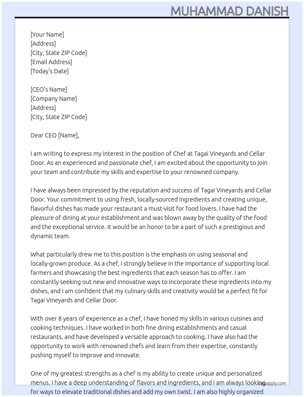 Chef At Tagai Vineyards and Cellar Door Cover Letter