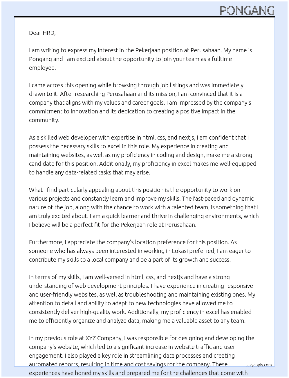 Pekerjaan At Perusahaan Cover Letter