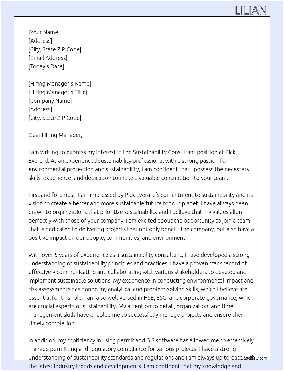 Sustainability consultant At Pick everard Cover Letter