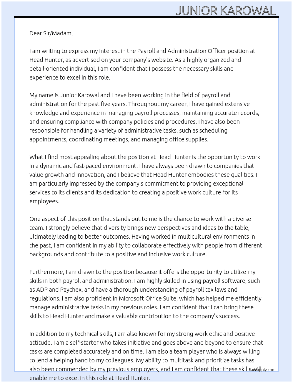 Payroll and Administration Officer  At Head  Hunter  Cover Letter
